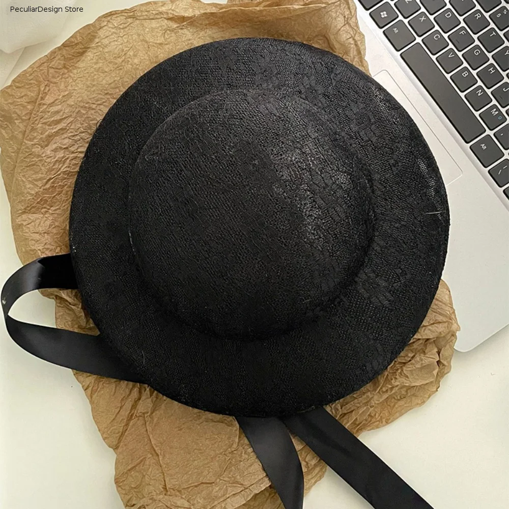 Fashion White Lace Tied Topper Hat Thin French Style Lace Bonnet Hat Flat-top Elegant Hepburn Style Formal Hat Women