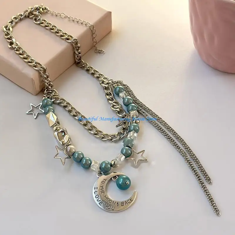 E56A Moon Star Necklace for Women Gifts Beaded Choker Clavicle Chain
