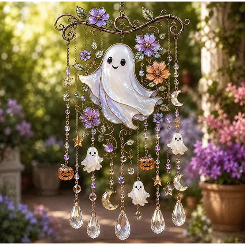 Halloween Themed Crystal Wind Chime Sparkling Bat Ghost Pumpkin Spider Black Cat Wind Chime Outdoor Decor for Garden Patio Porch