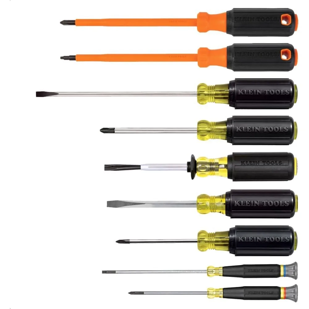 

Klein Tools 85850 9-Piece Electrician Tool Set with (3) Phillips, (3) Slotted Drivers, (1) Screw-Holding Driver, (2) Insulated D