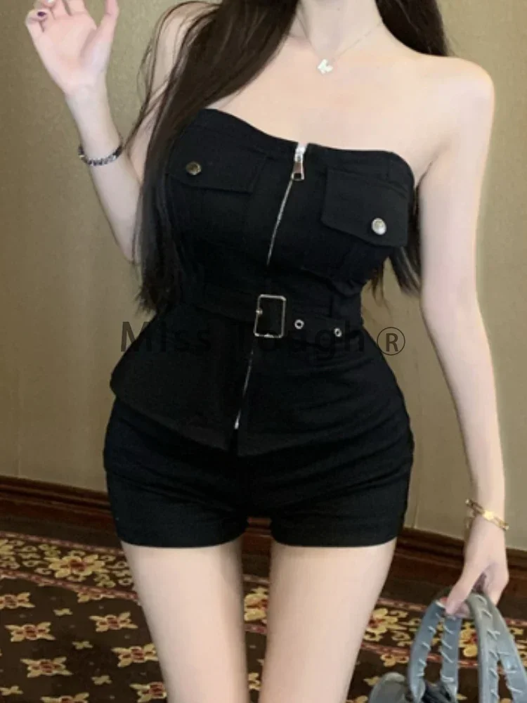 Gothic Grunge Chic Slim Strapless 2 Piece Set Women Fashion Y2k Skinny Zipper Off Shoulder Tops + Sexy High Waist Short Pants