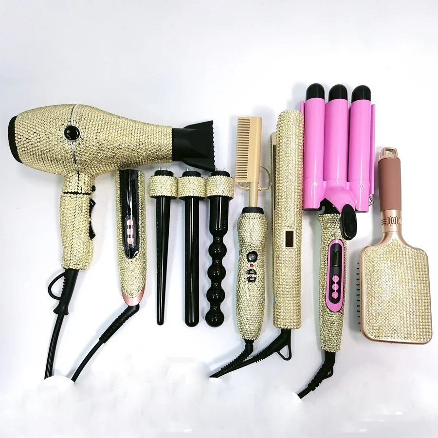 Luxury 6pcs salon hot hair tools set professional wide flat iron bling triple barrel curling iron