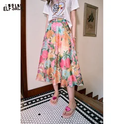 ELFSACK 2024 Summer New High waist oil painting sexy holiday style free feeling midi skirt skirt for women