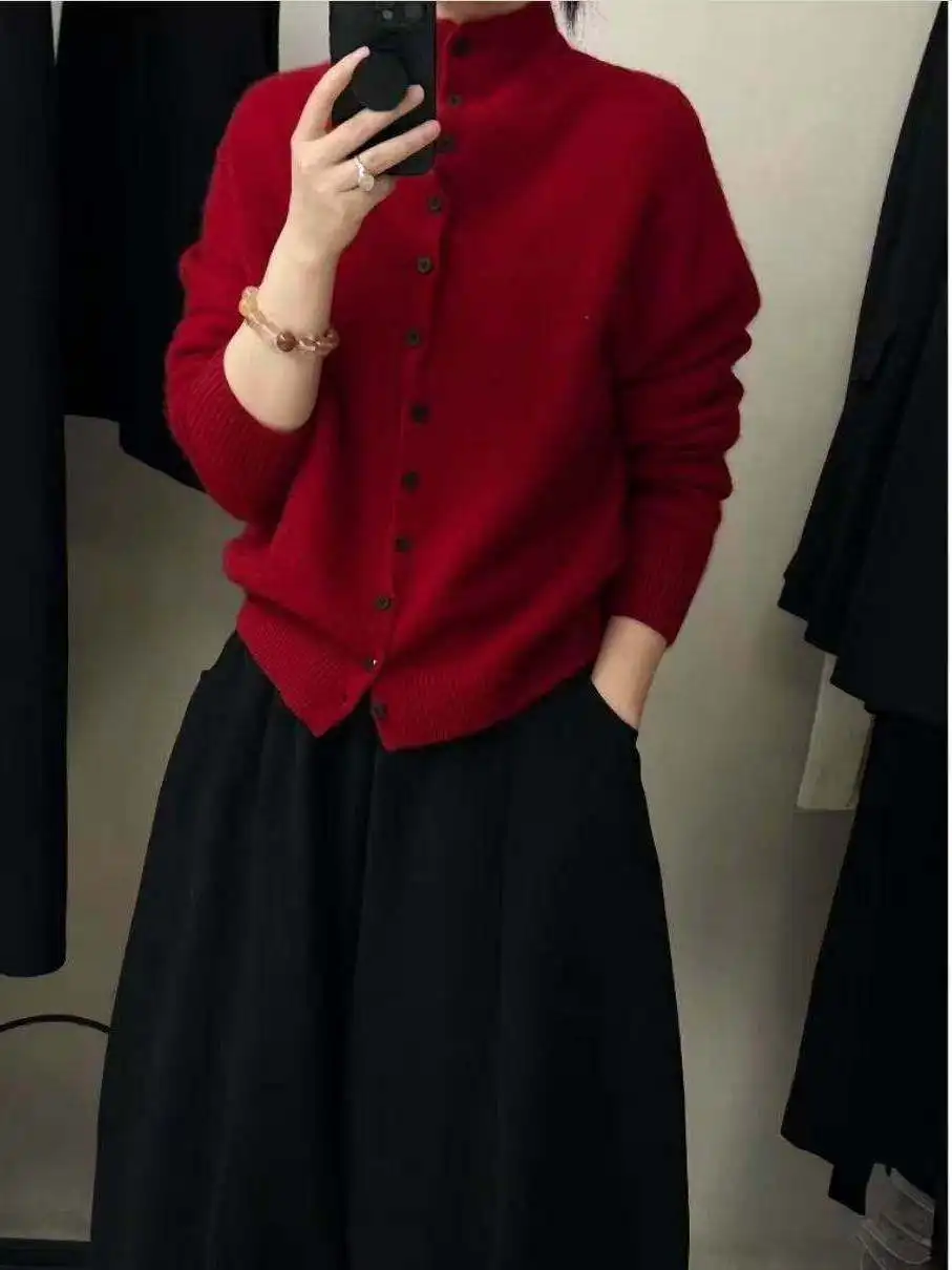 

Red 00 Pure Wool Open Cardigan Women's Loose Slimming Stand Collar Knitwear Simple Elegance Long Sve Casual Winter Coat