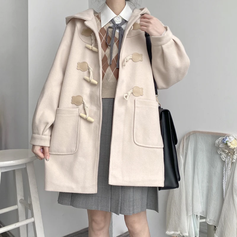 Japanese Preppy Style Blends Women Kawaii Button Schoolgirls Hooded Coats Y2k Autumn Winter Fashion Baggy All-match Retro Chic