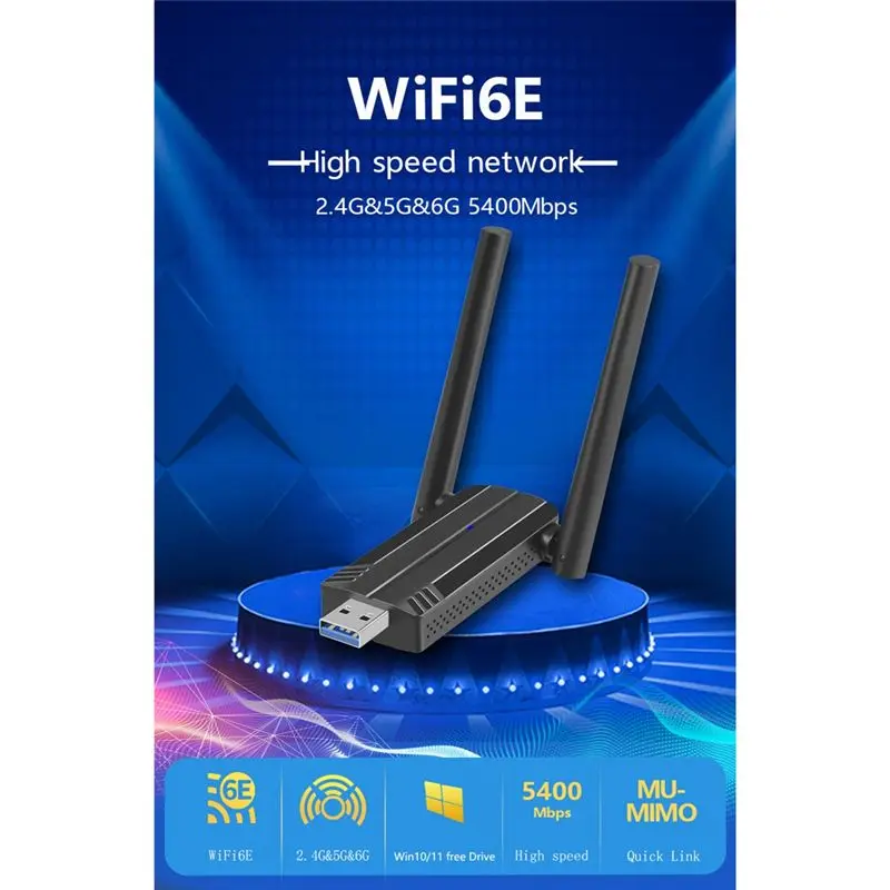 NewABNR 5400Mbps WiFi 6E Network Card USB 3.0 WiFi Adapter Tri-Band 2.4G 5G 6G Wifi Receiver Dongle for Windows 10 11 Driver
