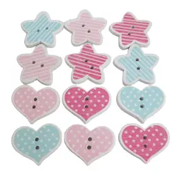 WBNSNO 25MM Heart Star Buttons For Boys&Girls Shirt Mix 50Pcs Printed Wooden Pieces DIY Sewing Accessory