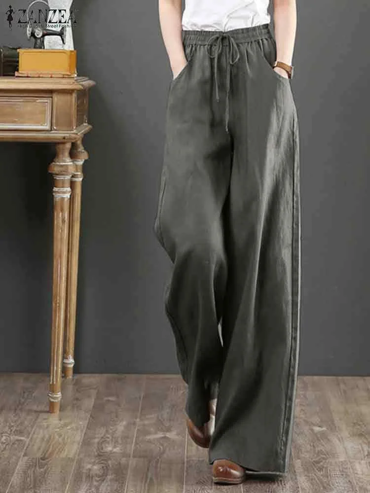 

Vintage Autumn Long Pants Women Wide Leg Trousers ZANZEA Fashion High Waist Pantalon Oversize Solid Flare Palazzo Loose Turnip