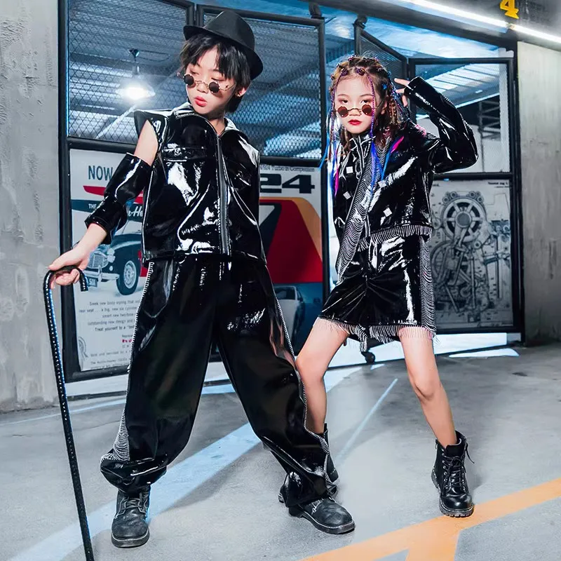 

Black Leather Jacket Pants For Girls Boys Jazz Costumes Kids Kpop Outfit Hip Hop Clothes Stage Performance Festival Wear XS7041