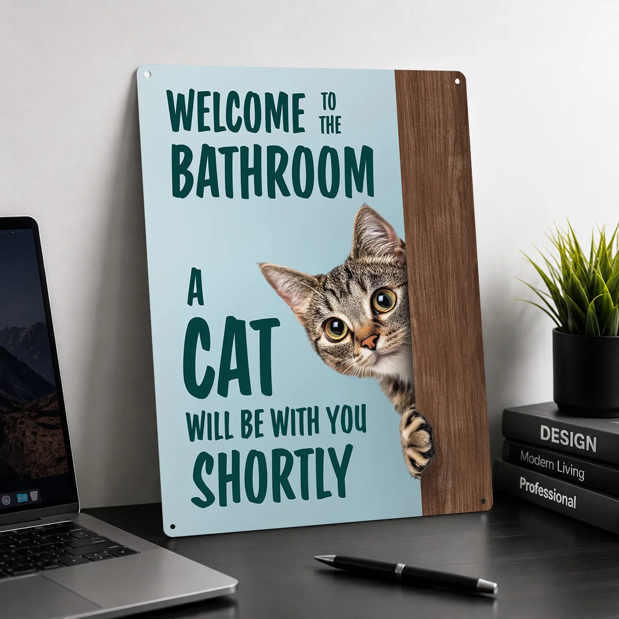 Cat Peeking in Bathroom 3D Printed Texture Poster Personalized Wall Art Retro Metal Tin Signs for Decor Room Decoration Items