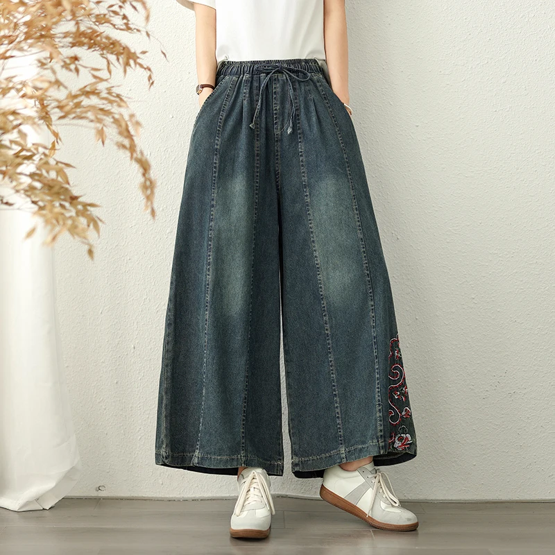 Celana Jeans Denim Wanita Model Kaki Lebar Bordir Musim Panas, Pinggang Elastis, Longgar, Efek Langsing, Vintage, Warna Pudar, Kasual, Panjang Sembilan Perempat