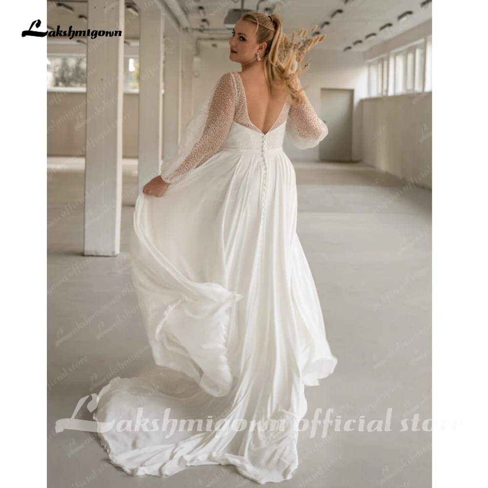 Lakshmigown Boho Chiffon Pailletten-Hochzeitskleid in Übergröße, V-Ausschnitt, Brautkleid mit langen Puffärmeln, rückenfreies A-Linien-Brautkleid – Detail 6