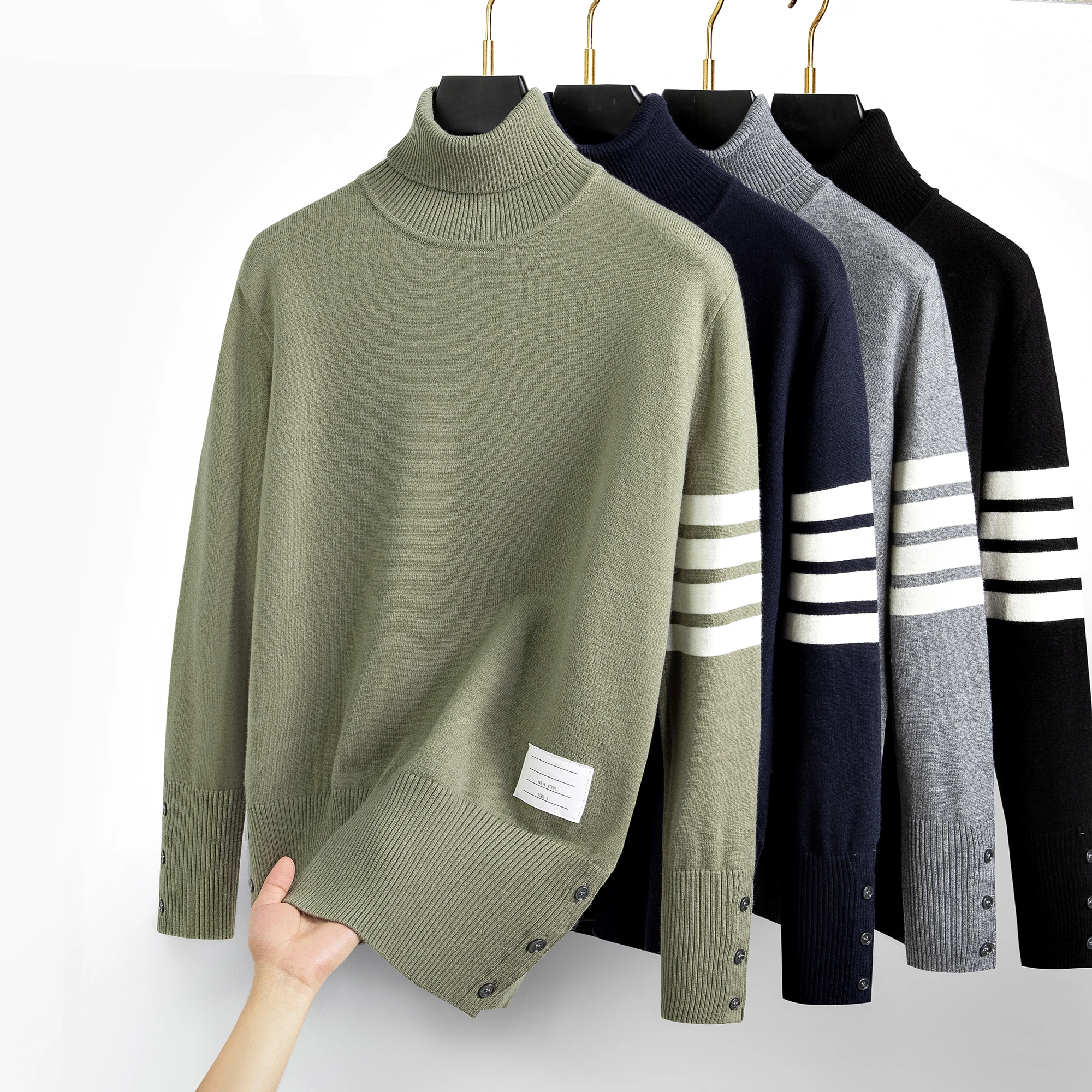 High end brand sweater men's high neck autumn and winter designer new classic four stripe trendy Korean casual knitted pullover