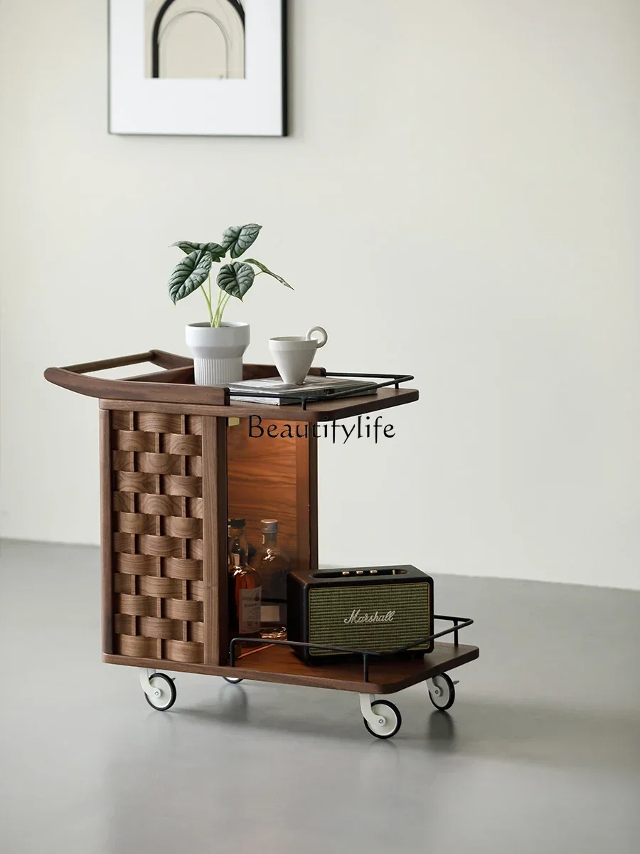 

Z.Black Walnut Movable Side Table Modern Simple and Light Luxury Advanced Sense with Wheels