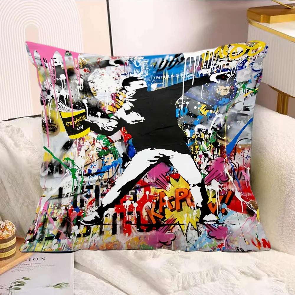 B-Banksy Street Graffiti Art Pillow Covers Cartoon Sofa Decorative Home Double-sided Printing Short Plush Cute Cushion Cover