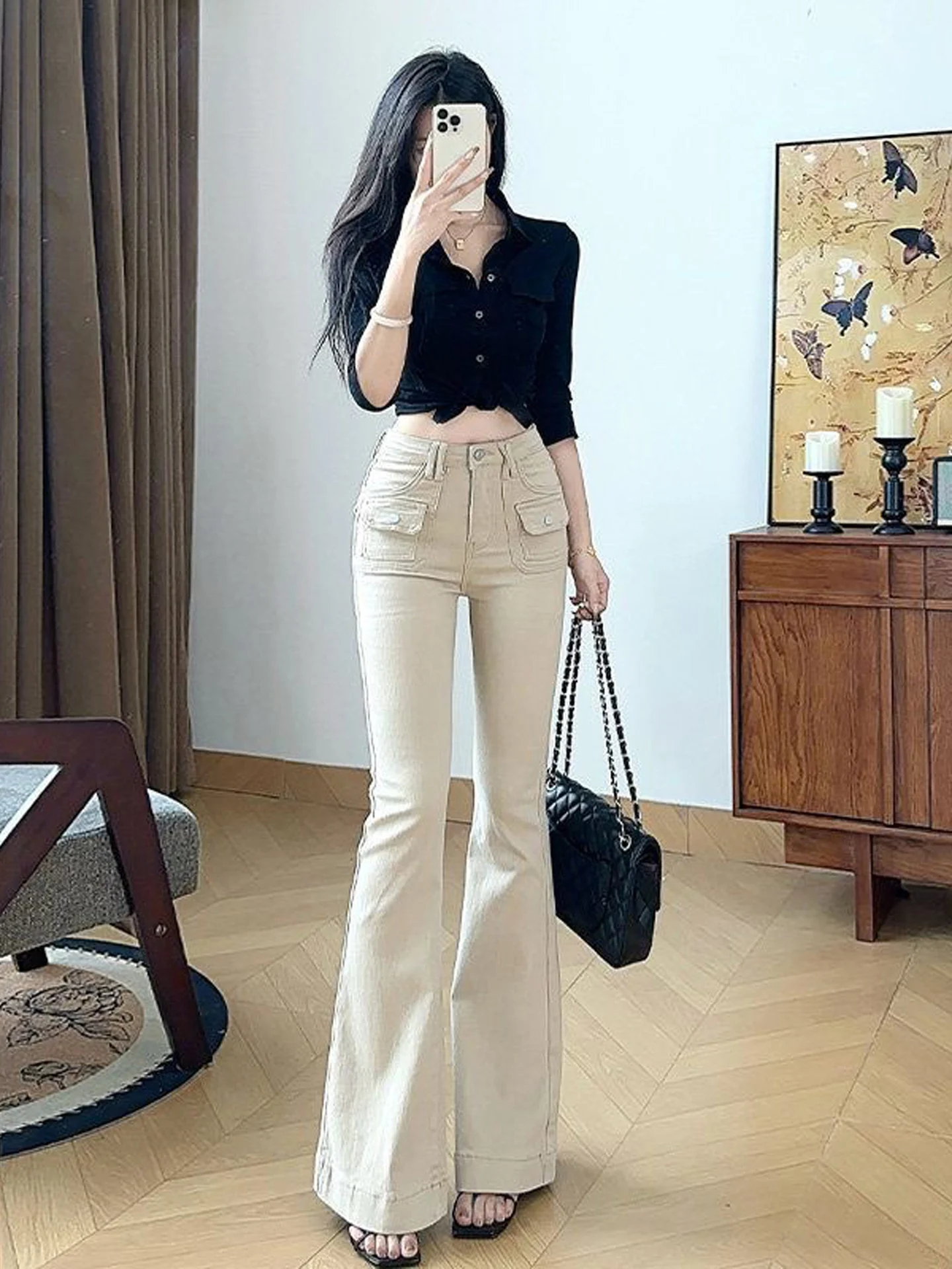 Khaki High Waist Slimming Jeans Women's Bootcut Denim Pants Fall Season Fashion Design Pocket Detail Regular Washed Pure Color