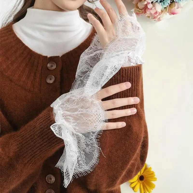 웨딩 드레스용 세련된 레이스 커프스 손목 슬리브; 신부 의상용 꽃무늬 주름 손목 장식