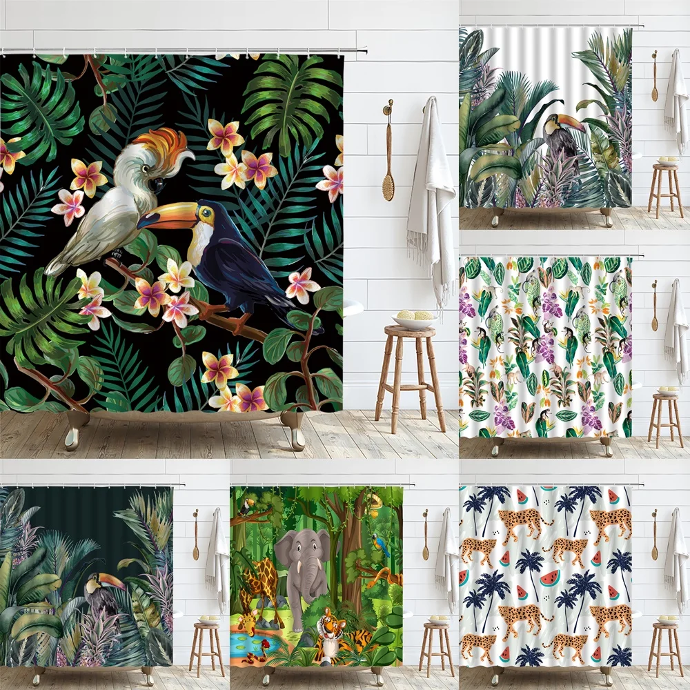 Tropical Birds Shower Curtain for Bathroom Parrot Toucan Green Leaves Plants Summer Polyester Fabric Bath Curtains Decor Hooks