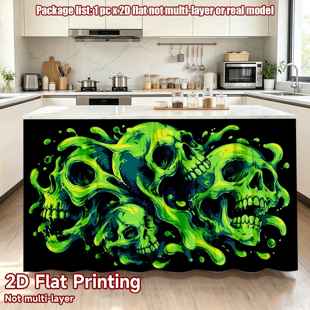 2D flat 1pc Bohemian style short curtains Neon Green Skulls Cluster Digital printing Rod-style wardrobe curtains, suitable for
