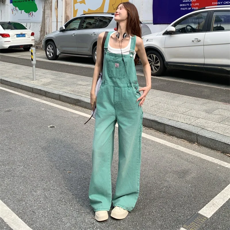 

Punk Style Mint Green Cassic Loose Casual Distressed Washed Denim Suspender Overalls Jumpsuit