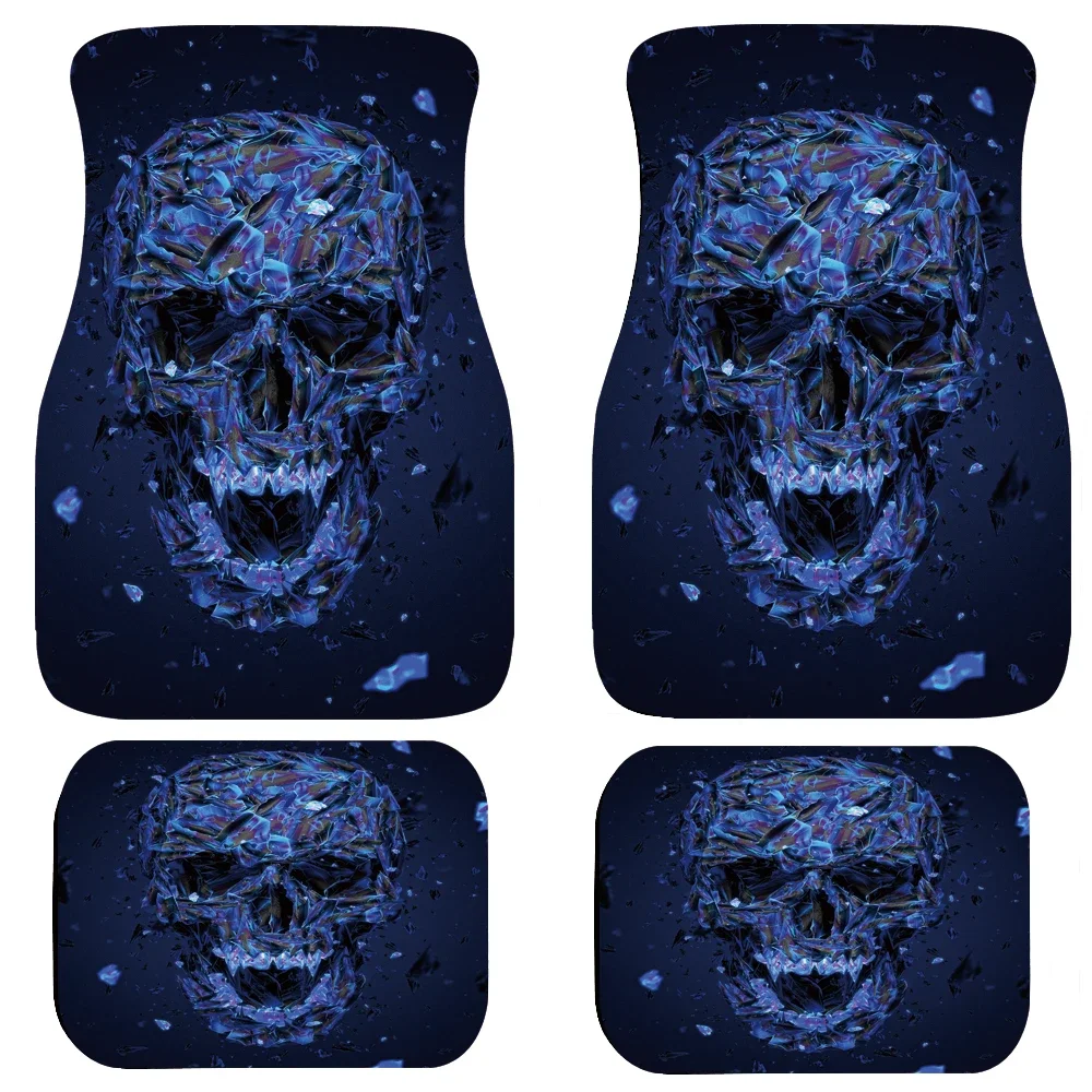 Black Background Skull Print Design Men Boy Universal 4PCs Car Foot Pad Rubber Waterproof And Hard-wearing Material