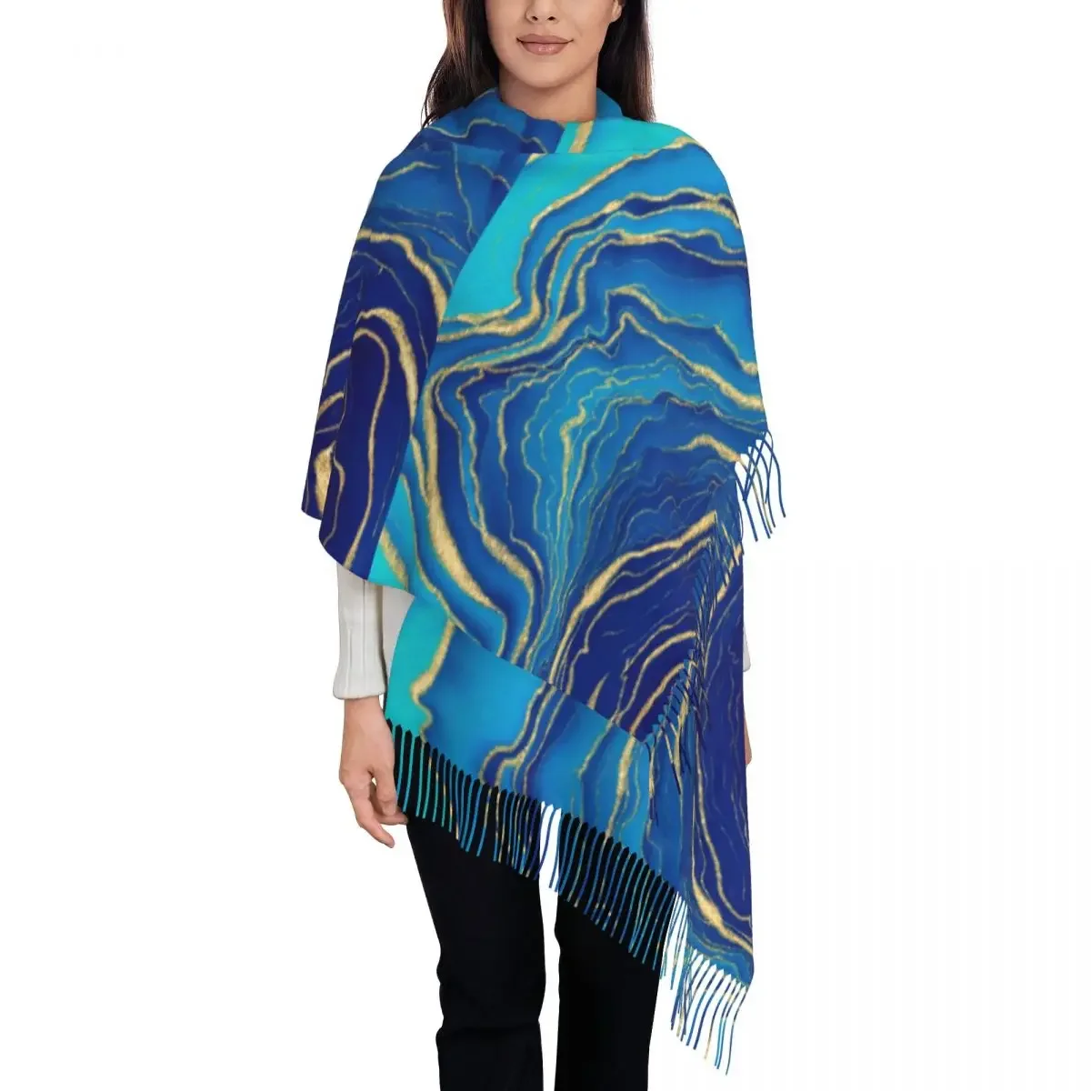 Blue And Gold Liquid Scarf Marble Abstract Art Warm Shawl Wraps with Tassel Lady y2k Cool Scarves Wraps Autumn Designer Bandana