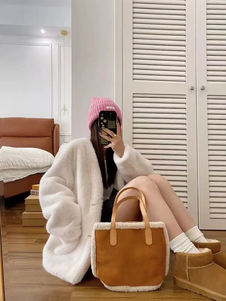 

Faux Fur Ladies Coat Coats Womens Seamless Medium-Length Outside Elegant Thermal Hand-Cut Pure Panelled Korean-Style Flowy Cozy