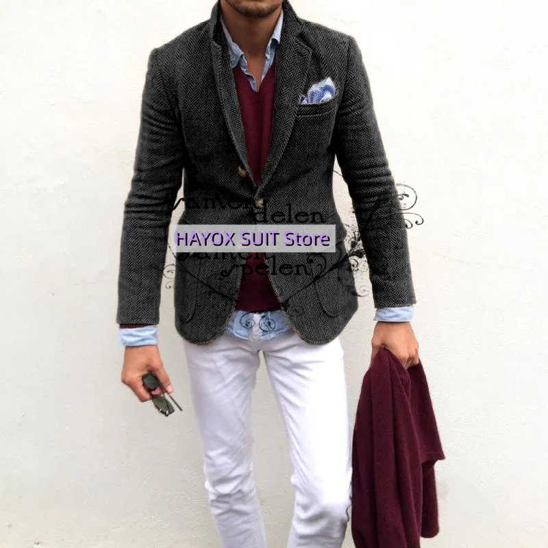 2022 elegante Mode Männer Tweed-Blazer Set Slim Fit Einreiher Mehrere Taschen Kostüm Homme Smoking