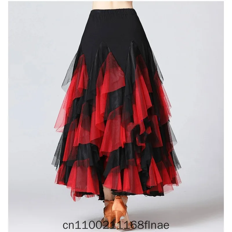 New Splicing Mesh Contrasting Color National Standard Social Modern Dance Dress Waltz Table Performance Costume for Women