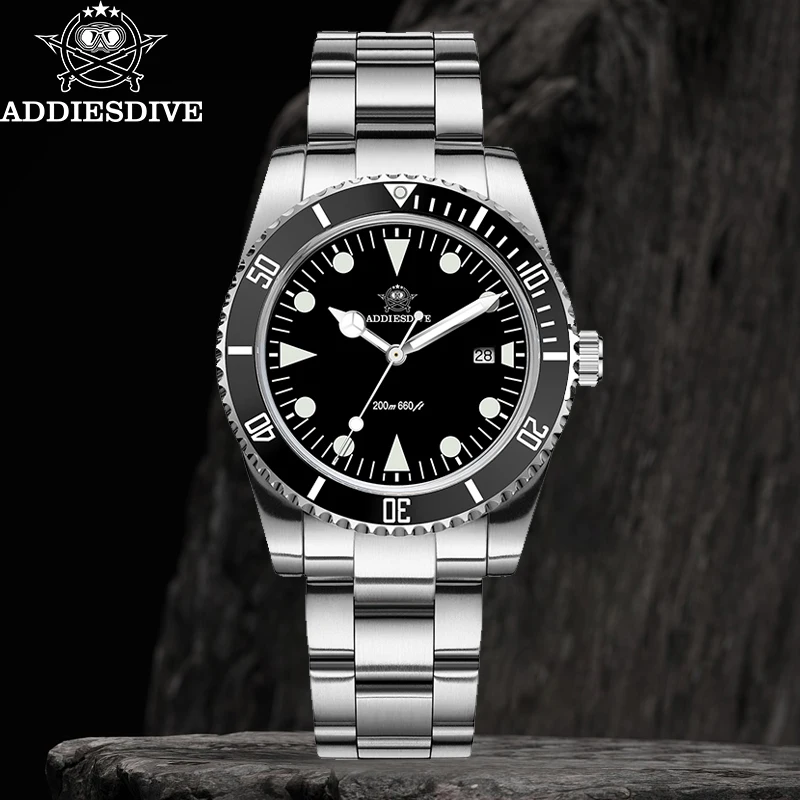 ADDIESDIVE New 39mm Men's Watch AD2068 Luminous Diving 200m Waterproof Ceramic Bezel 316L Stainless Steel Calendar Quartz Watch