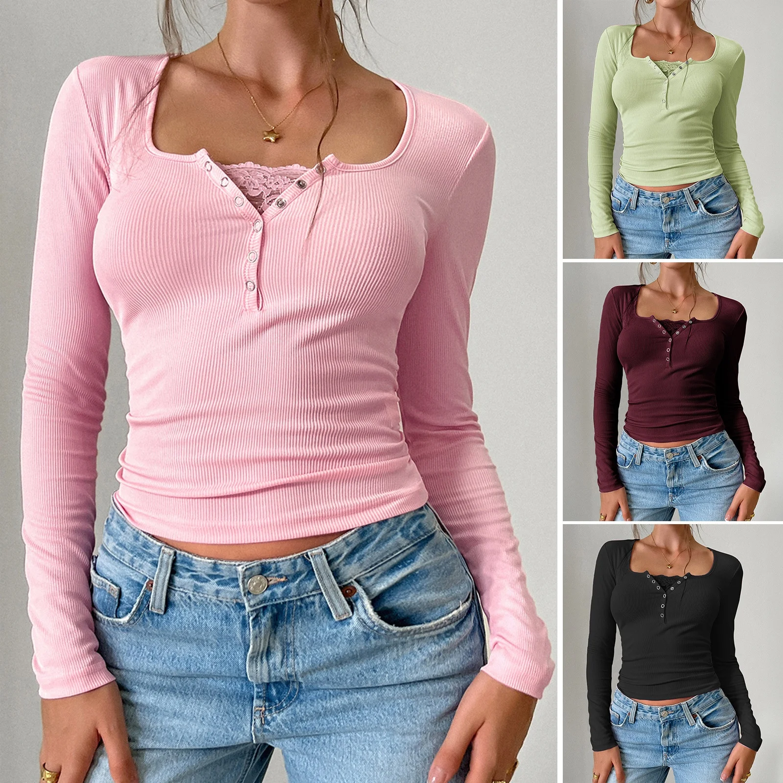 

DiYun трансграничный Y2K облегающий топ с рюшами и пуговицами U-Ne в рубчик, осенне-зимний вязаный женский топ из полиэфирного волокна