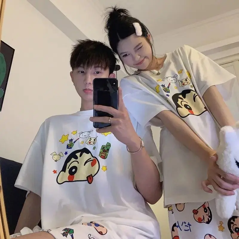 Cute Crayon Shin-Chan Pajamas Summer Couple Short Sleeved Shorts Man's and Woman's Sleepwear Cartoon Loungewear Daily Wear
