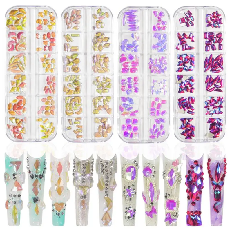 12Grids/Box Crystal Nail Art Rhinestones Glass SS4-SS16 Nail Stones Shiny Flatback 3D Nail Art Decoration