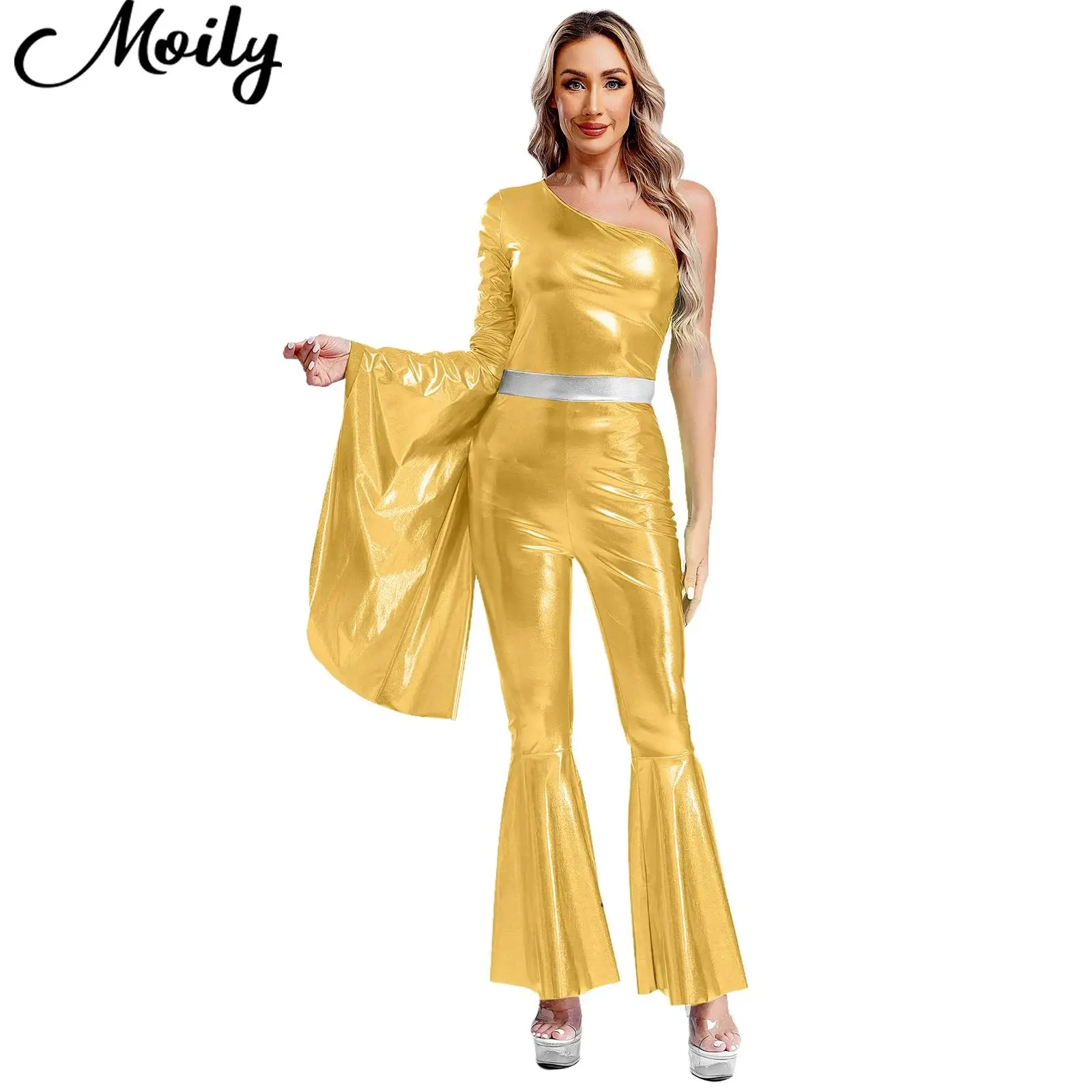 

Womens Modern 70s Disco Dance Costume Long Sleeve Bodysuit Shiny Metallic Funky Dancewear for Halloween Singer Cosplay Party