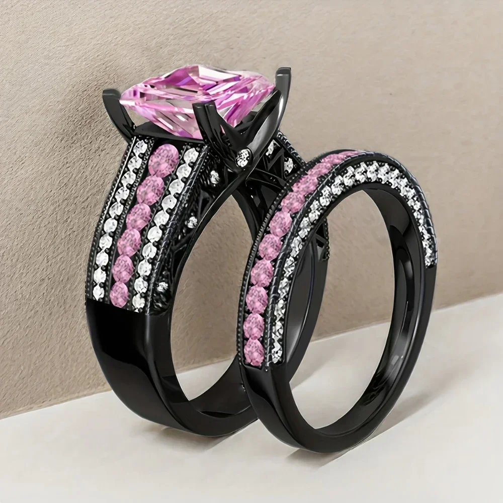 Shiny Valentine's Day Gift Lovely Bridal Set Engagement Ring Inlaid Shiny Zirconia Wedding Ring 2 Pcs Minimalist Wedding Bands Jewelry Gift Set Special Offer Jewelry for Women High Quality
