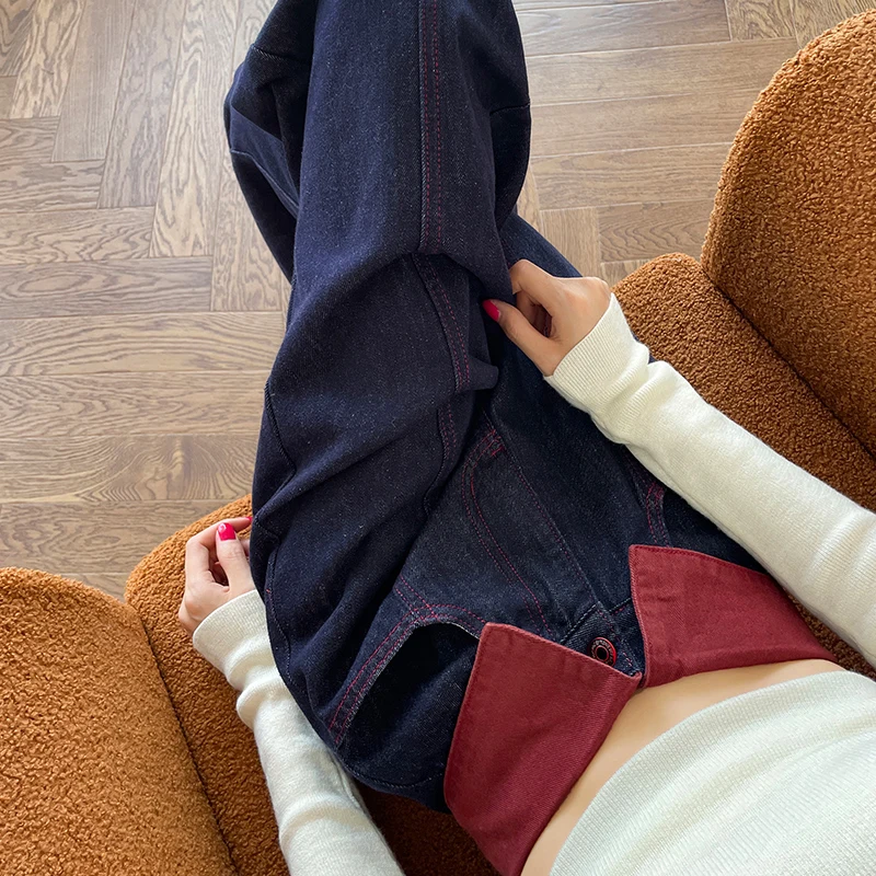 

High Waist Wide Leg Denim Jeans Deep Blue Spring Autumn New Design Collar Flip High Waist Straight Floor-Length Pants