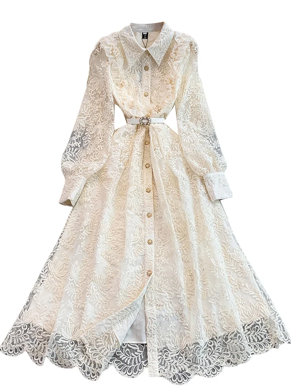 Ele High-End Embroidered Floral Lace Collar Long Dr Women's Spring Autumn Buttoned Waist Cinching A-Line Skirt