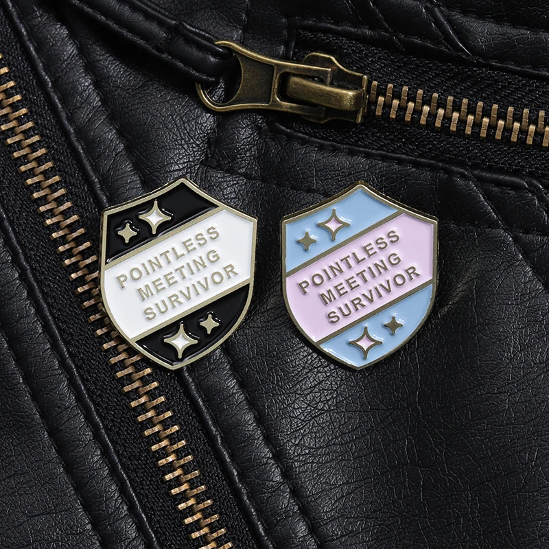 Pointless Meeting Survivor Enamel Pins Cartoon Shield Brooches Clothes Backpack Lapel Badges Jewelry Gift for Kids Friends