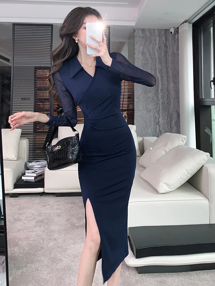 Abiti da strada da donna Maglia solida Sheer Sexy Risvolto con spacco Skinny Bodycon Abito lungo Elegante Lady Fashion Party Abiti Robe Casual