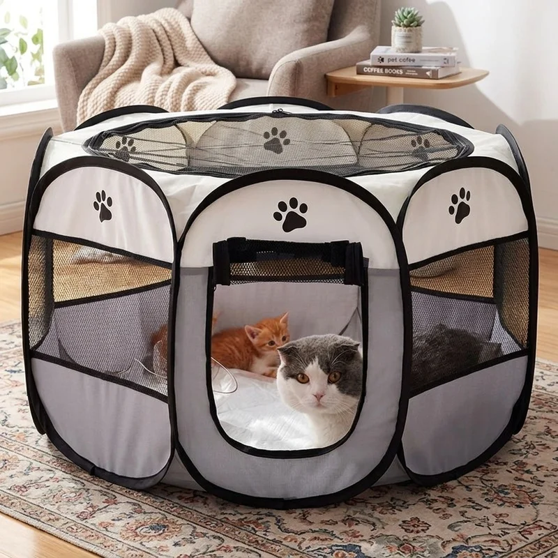 Portable Octagonal Pet Fence, Foldable Dog Cat Playpen with Mesh Panels, Lightweight Kennel Shelter for Indoor Outdoor Use