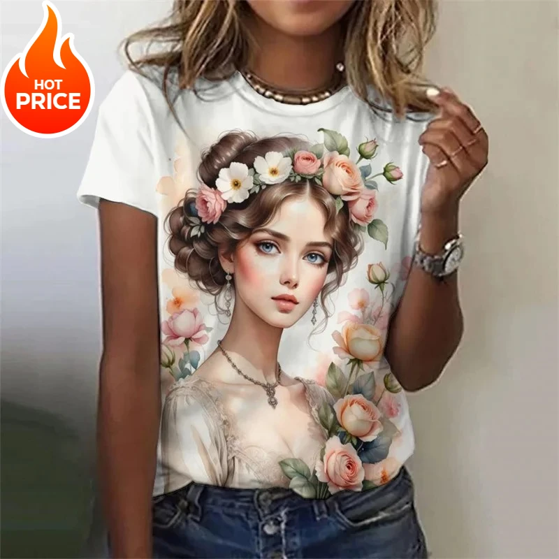 

Красивая женская футболка с цветочным узором для девочек, футболки с 3D принтом мультфильмов, летние повседневные свободные футболки с круглым вырезом, топы с короткими рукавами