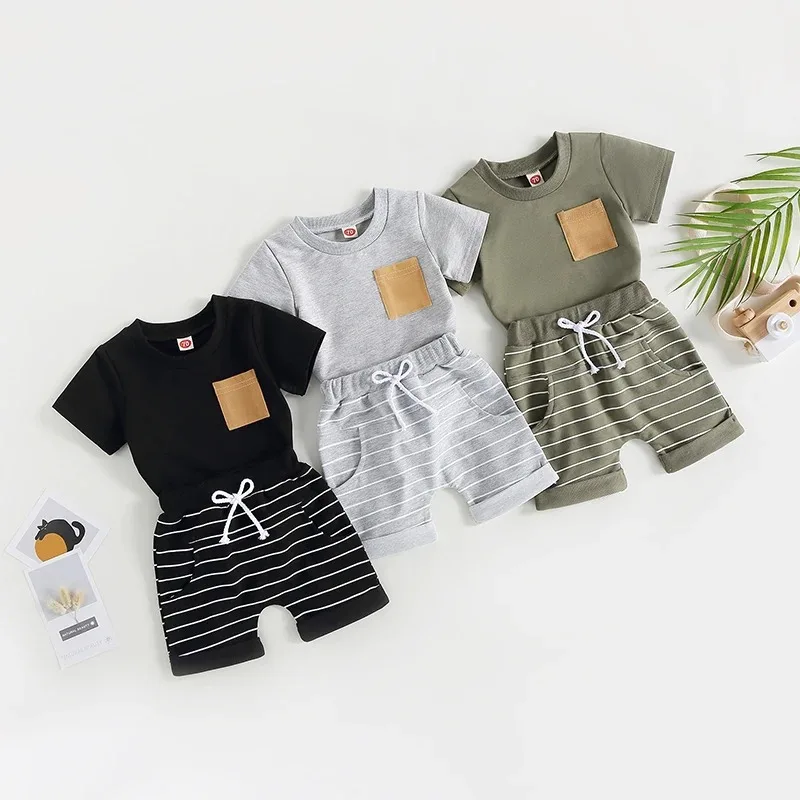 Summer Baby Boys Round Neck Color Blocked Pocket T-shirt+Striped Elastic Waist Shorts Set