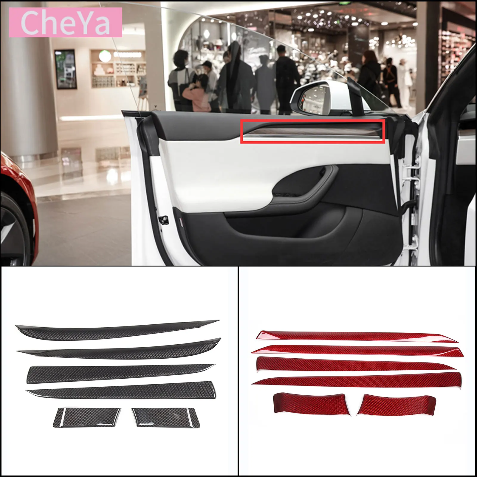 cheya Real Carbon Fiber Car Interior Door Panel Decorative Strip Cover for Tesla Model S 2023+ Interior Accessories 4Pcs