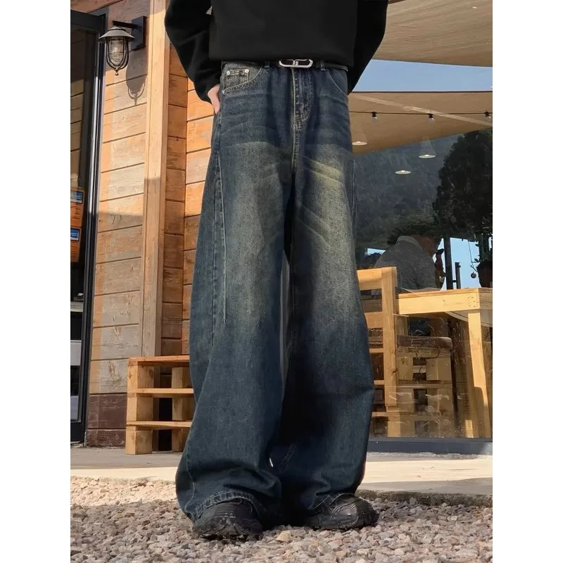 Jeans Men's Autumn and Winter American High Street Retro Distressed Washed Loose Straight Straight Versatile Wide-leg Pants