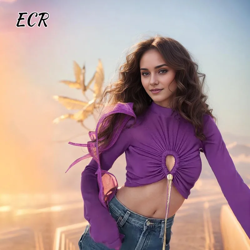 ECR Sexy Slimming Shirts For Women Round Neck Long Sleeve Hollow Out Patchwork Tassel Streetwear Short Shirt Female Clothing New