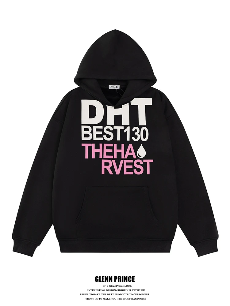 

American Retro Letter Print Hoodie Men's Trendy Loose Design Sense Hip Hop Hat Sweatirt Outerwear Casual Cotton Polyester