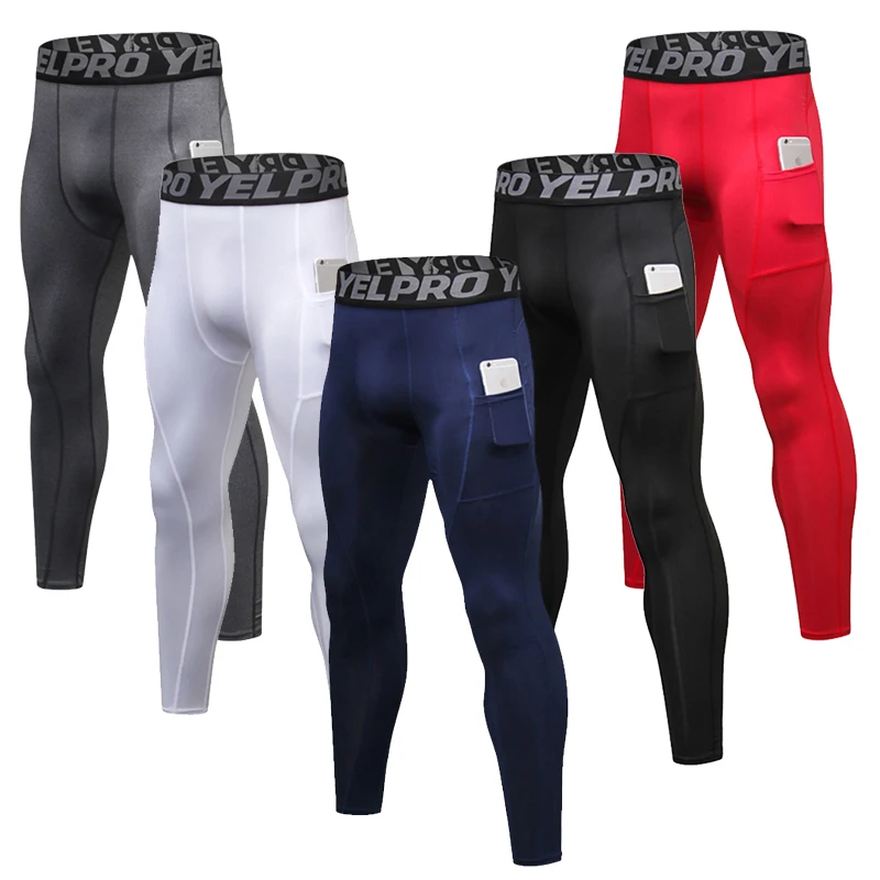 

Custom Men Compression Pants Male Tights Leggings Running Gym Fitness Jogging Workout White Black Trousers With Phone Pockets