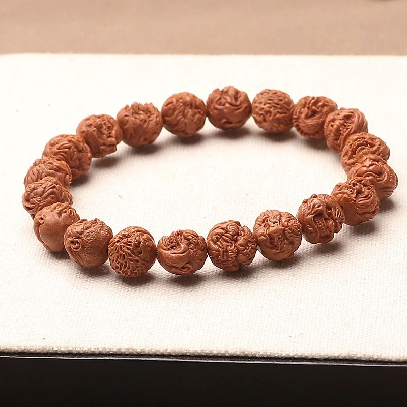 Natural Pattern Peach Stone Single-Row Buddha Bead Bracelet Zodiac Signs And Evil Monk Motifs, Develops Patina With
