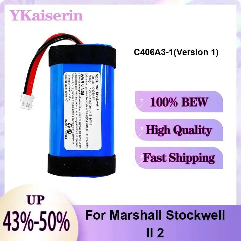 2200-2680mAh For Marshall Stockwell Speaker 2 II 2ND TF18650-2200-1S3PA C406A3-1 ( Version 1 ) C406A1 Battery