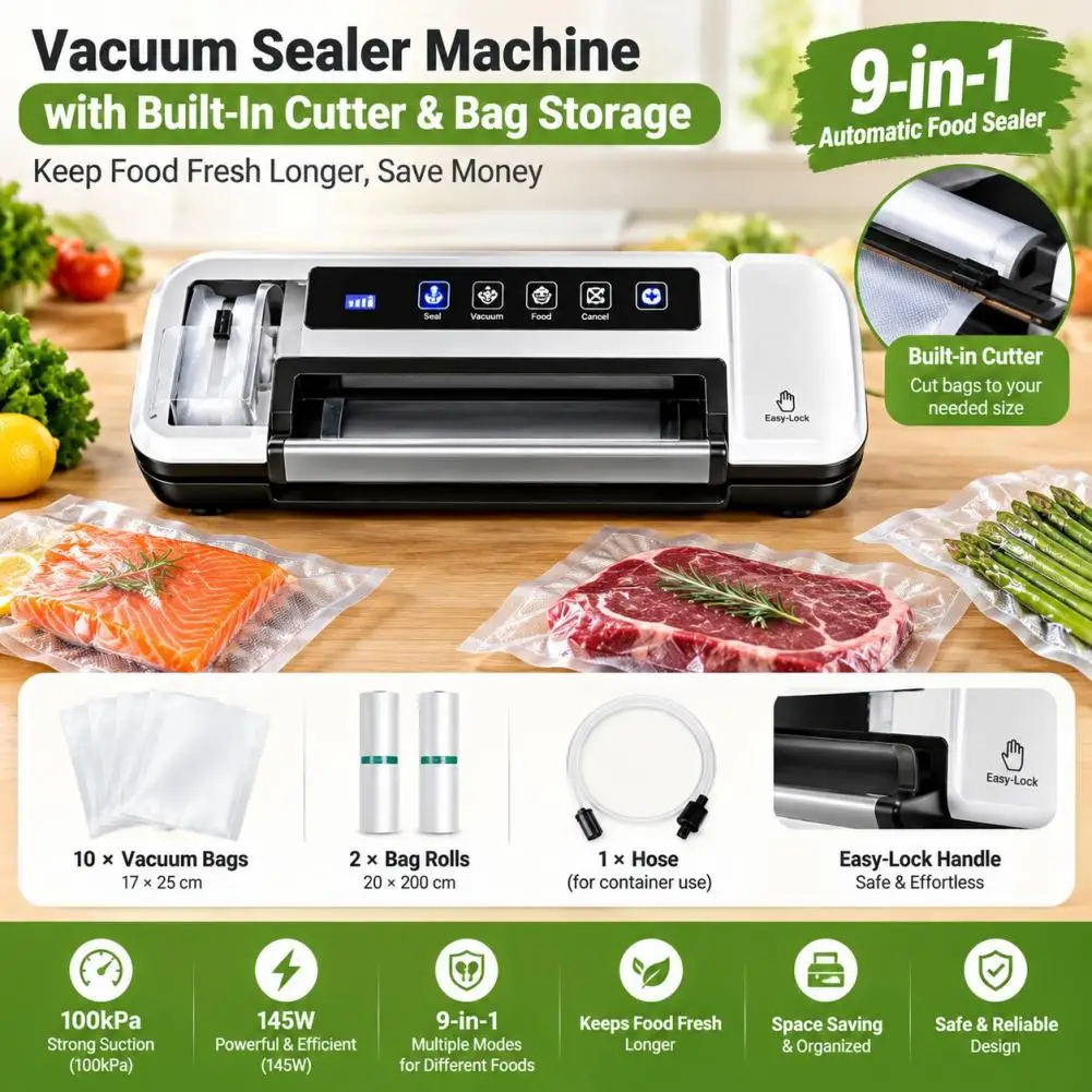 Vacuum Sealer Machine with Built-In Cutter & Bag Storage, 17×25cm 10 Vacuum Bags 20x200cm 2 Bag Rolls Hose 145W 100kPa 9-in-1 Au